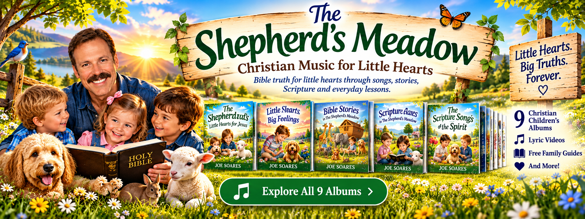 The Shepherd's Meadow Christian children's music collection with nine albums, lyric videos, and free family guides